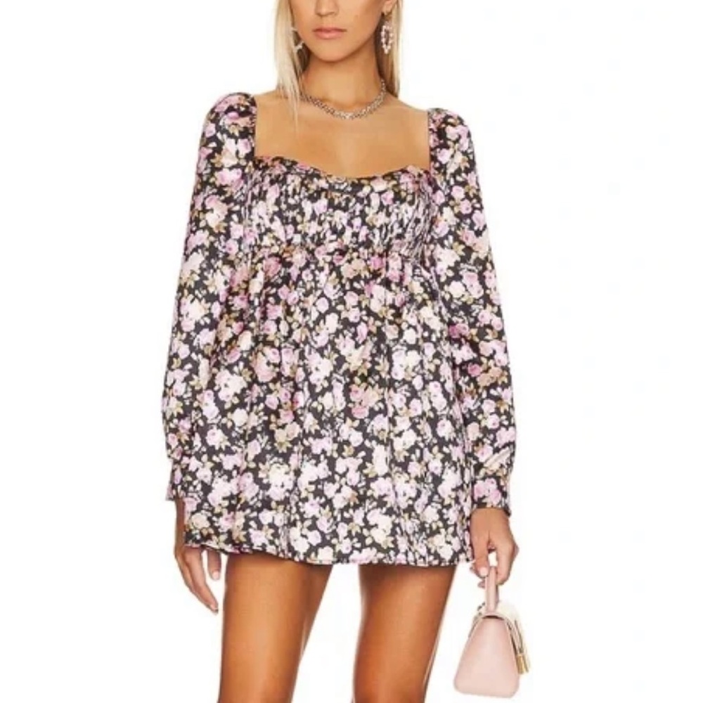 For Love and Lemons- Kate Pink Floral Longsleeve Mini Babydoll Dress